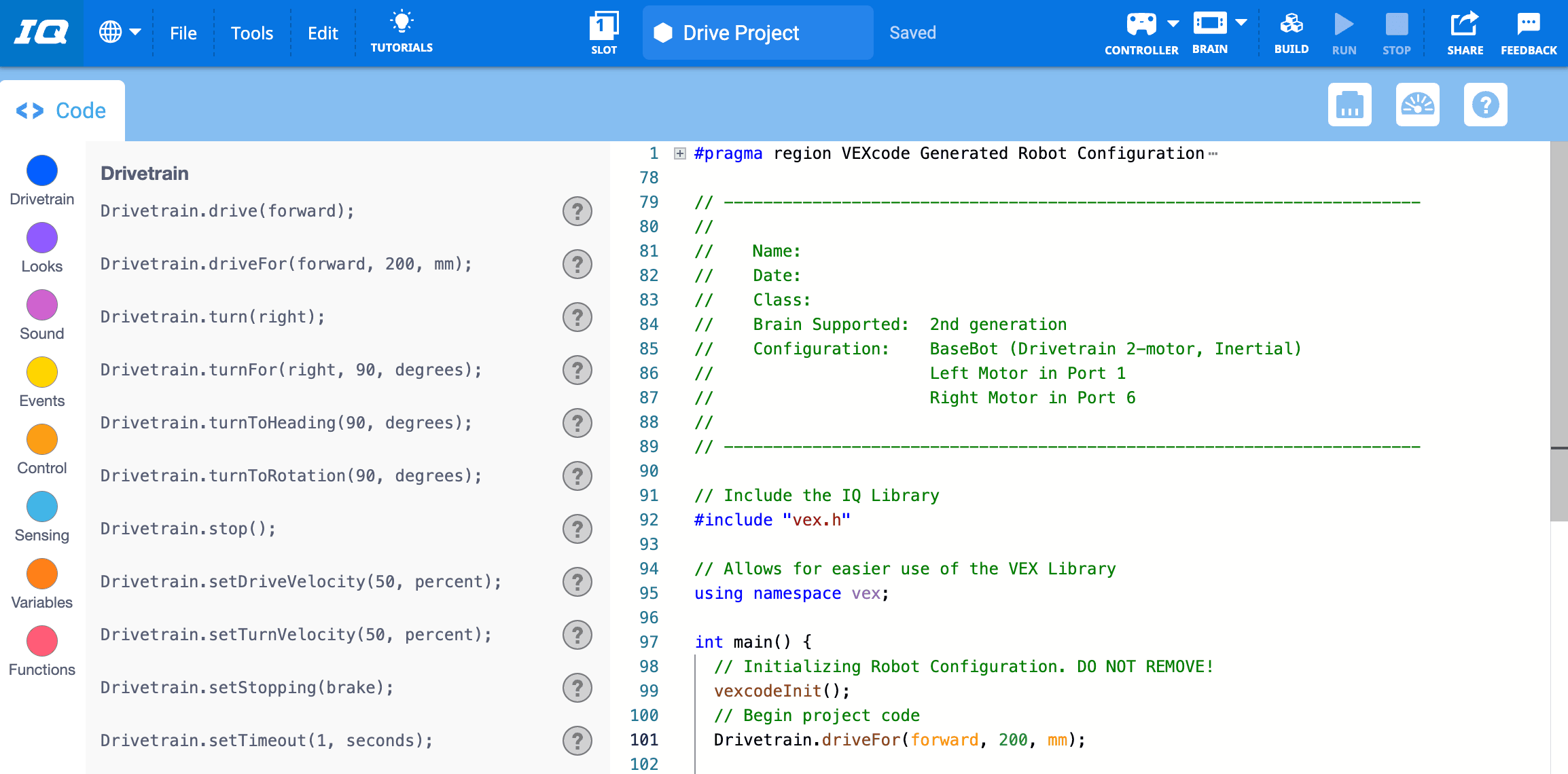 VEXcode IQ бұрын сақталған C++ жобасымен жұмыс кеңістігінде сәтті ашылды.