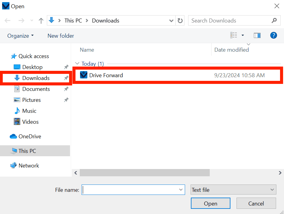 Daha önce kaydedilen VEXcode IQ projesi cihaz dosyalarında görünür ve vurgulanır.