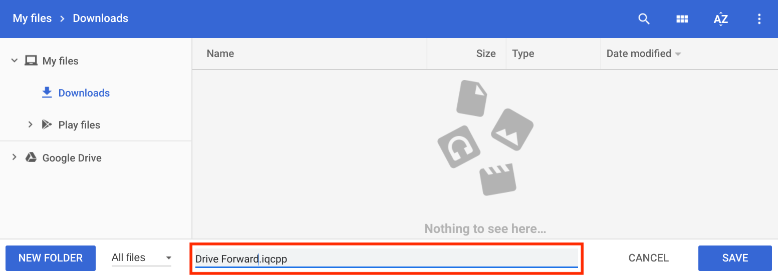 ডিভাইসের Save As মেনু খোলা আছে এবং Downloads ফোল্ডারে সংরক্ষণ করার জন্য সেট করা আছে। মেনুতে প্রকল্পের নাম হাইলাইট করা হয়েছে এবং ড্রাইভ ফরোয়ার্ডে পরিবর্তন করা হয়েছে।
