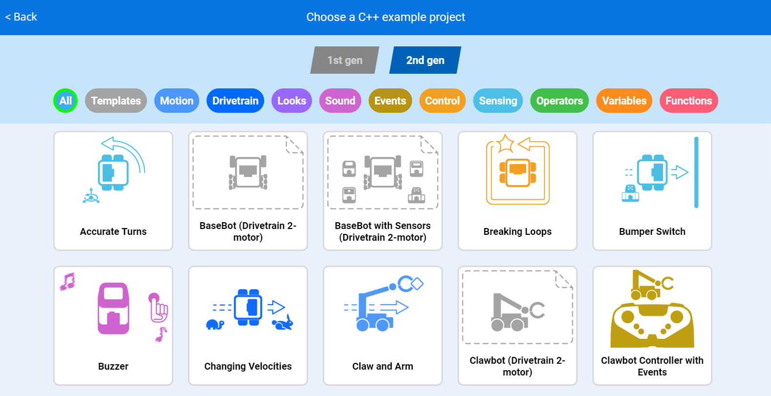 VEXcode-voorbeeldprojectenmenu met een verscheidenheid aan projecten in verschillende categorieën waaruit u kunt kiezen.