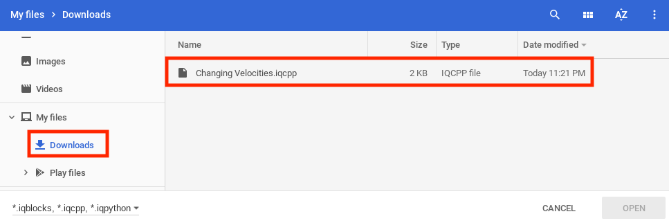 โปรเจ็กต์ VEXcode IQ ที่บันทึกไว้ก่อนหน้านี้จะมองเห็นได้จากไฟล์ของอุปกรณ์และจะถูกเน้นไว้