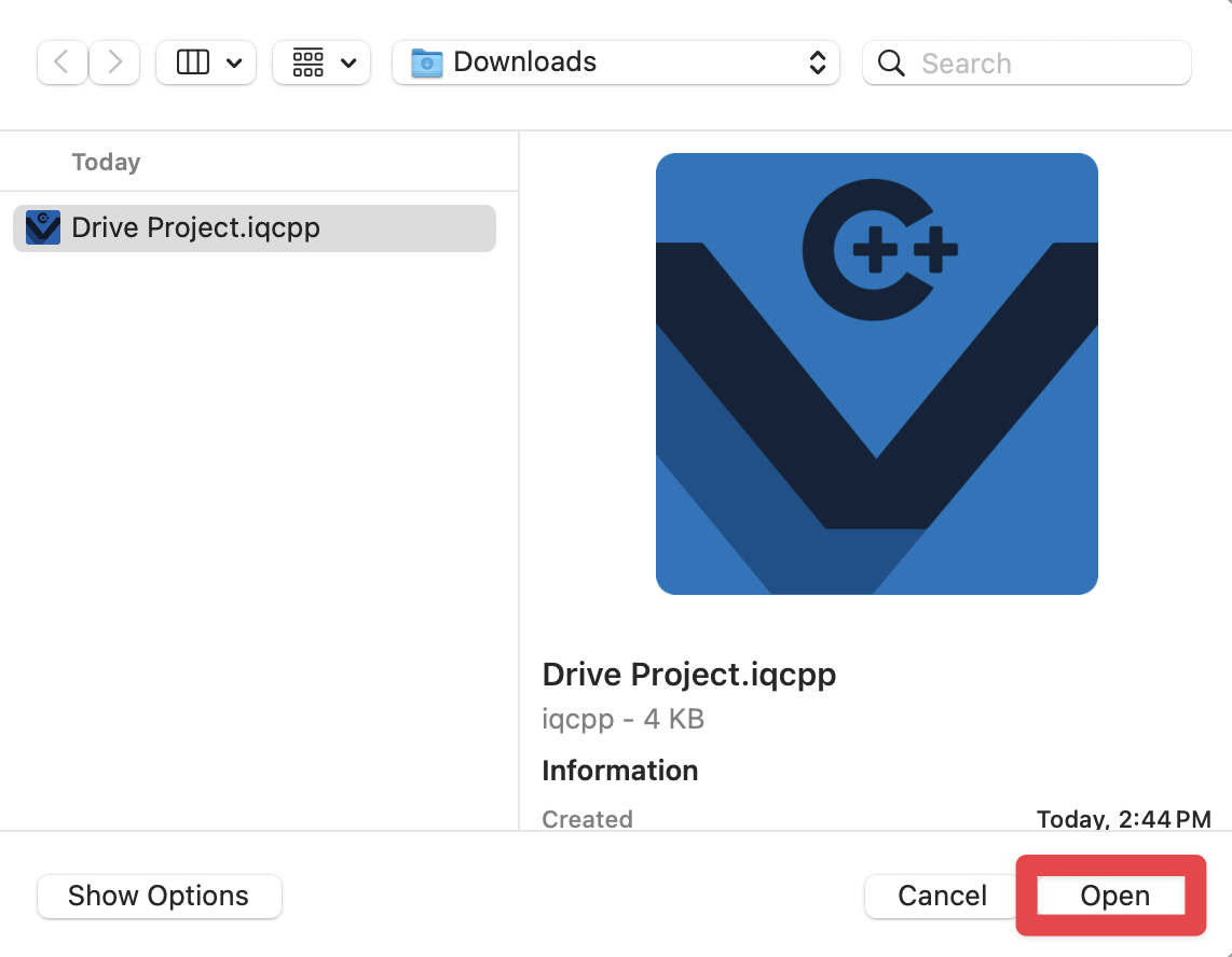 Se selecciona el proyecto VEXcode IQ previamente guardado en los archivos del dispositivo y se resalta el botón Abrir en la parte inferior del menú.