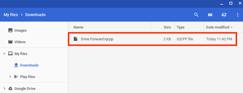 Proyek VEXcode IQ C++ yang disimpan sebelumnya dapat terlihat dari berkas perangkat.
