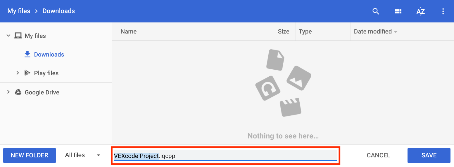 O menu "Guardar como" do dispositivo está aberto e configurado para guardar na pasta "Downloads". O nome do projeto no menu está destacado para indicar que pode ser alterado.