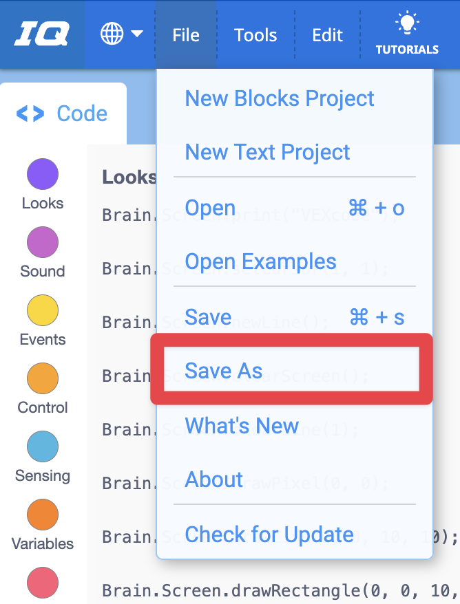 VEXcode IQ Toolbar mit geöffnetem Menü „Datei“ und hervorgehobener Option „Speichern unter“. Speichern unter ist die sechste Option im Menü, unterhalb von Neues Blockprojekt, Neues Textprojekt, Öffnen, Beispiele öffnen und Speichern.