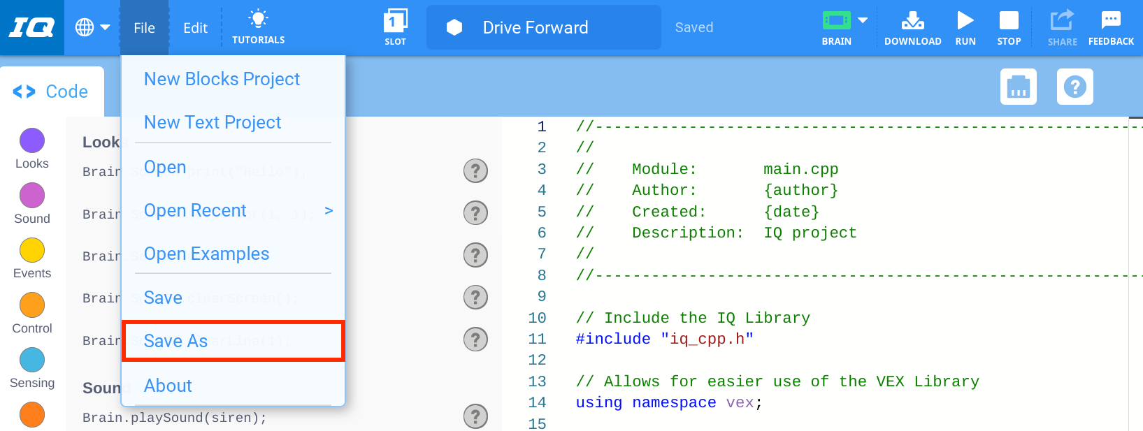 Barra de herramientas de VEXcode IQ con el menú Archivo abierto y la opción Guardar como resaltada. Guardar como es la sexta opción del menú, debajo de Nuevo proyecto de bloques, Nuevo proyecto de texto, Abrir, Abrir ejemplos y Guardar.