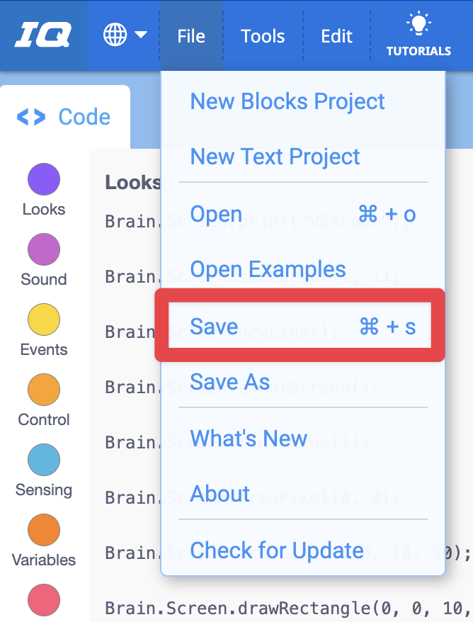 VEXcode IQ ツールバーのファイル メニューが開き、保存オプションが強調表示されています。 「保存」は、メニューの「新しいブロック プロジェクト」、「新しいテキスト プロジェクト」、「開く」、および「例を開く」の下にある 5 番目のオプションです。