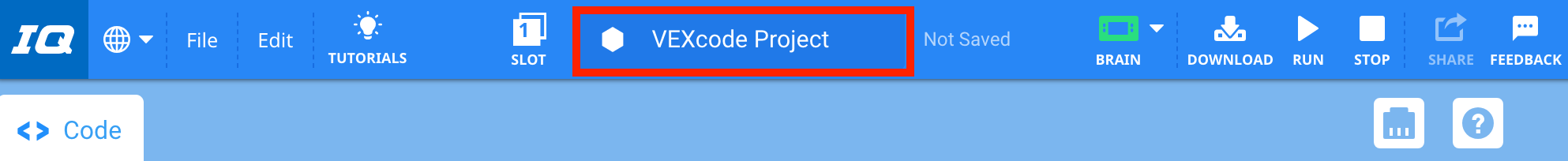 แถบเครื่องมือ VEXcode IQ พร้อมไฮไลต์ช่องชื่อโครงการ ทางด้านขวาของชื่อโครงการจะมีป้ายกำกับว่า ไม่ได้บันทึก