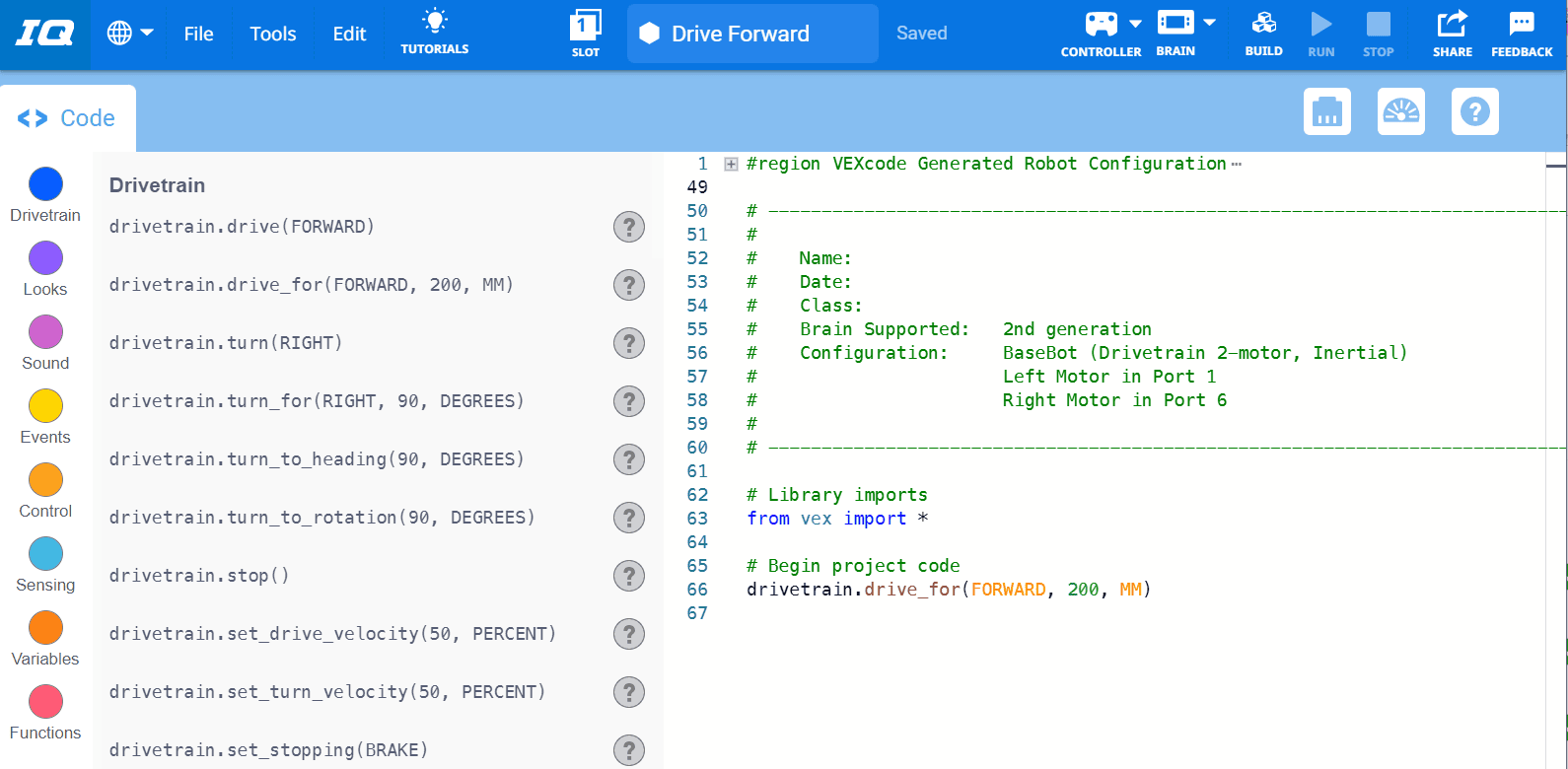 VEXcode IQ ar iepriekš saglabātu Python projektu ir veiksmīgi atvērts darbvietā.