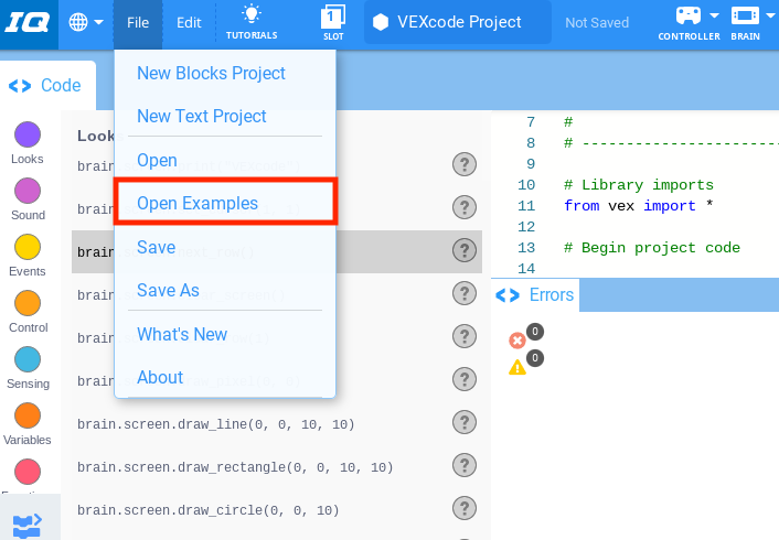 VEXcode IQ Toolbar mit geöffnetem Menü „Datei“ und hervorgehobener Option „Beispiele öffnen“. „Beispiele öffnen“ ist die vierte Option im Menü, unterhalb von „Neues Blockprojekt“, „Neues Textprojekt“ und „Öffnen“.