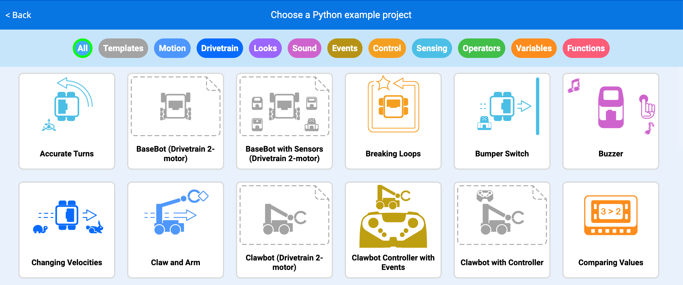 Menú de proyectos de ejemplo de VEXcode con una variedad de proyectos en diferentes categorías para elegir.