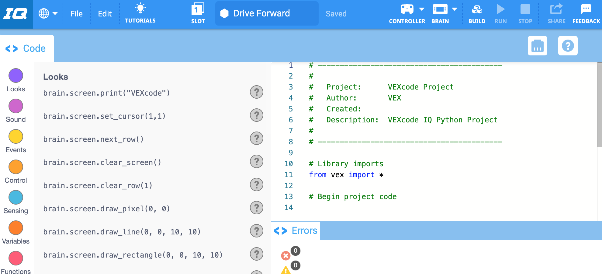 VEXcode IQ con un proyecto de Python previamente guardado se abrió exitosamente en el espacio de trabajo.