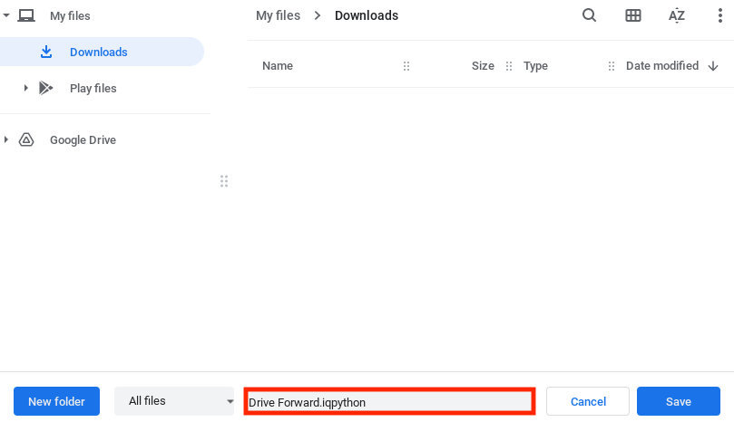 Le menu « Enregistrer sous » de l'appareil est ouvert et configuré pour enregistrer les fichiers dans le dossier Téléchargements. Le nom du projet dans le menu est mis en évidence et a été modifié en « Drive Forward ».