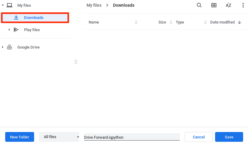 El menú Guardar como del dispositivo está abierto y la carpeta Descargas está resaltada y configurada como destino.