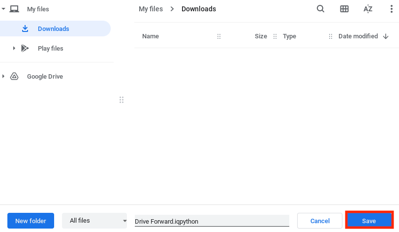 क्रोमबुक पर सेव बटन का स्क्रीनशॉट, जिसका उपयोग VEX IQ रोबोटिक्स दस्तावेज़ में पायथन प्रोजेक्ट्स को सहेजने के संदर्भ में किया जाता है।