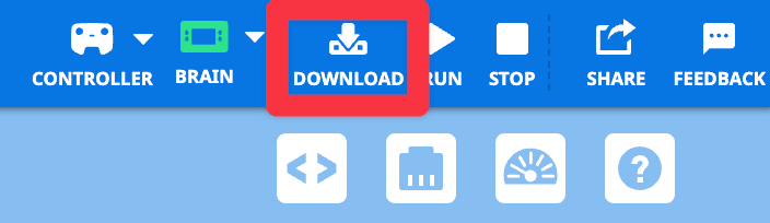 VEXcode IQ Toolbar mit hervorgehobenem Download-Symbol zwischen den Symbolen Brain und Run.