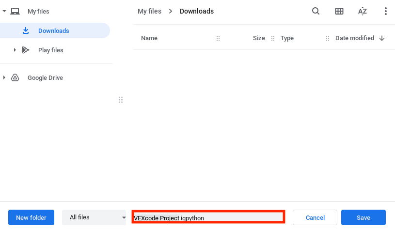 Il menu Salva con nome del dispositivo è aperto e impostato per salvare nella cartella Download. Il nome del progetto nel menu è evidenziato per indicare che può essere modificato.