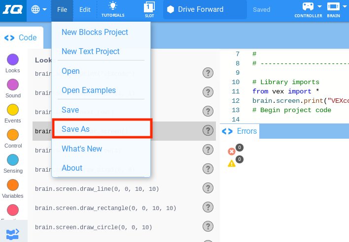 Barra de herramientas de VEXcode IQ con el menú Archivo abierto y la opción Guardar como resaltada. Guardar como es la sexta opción del menú, debajo de Nuevo proyecto de bloques, Nuevo proyecto de texto, Abrir, Abrir ejemplos y Guardar.