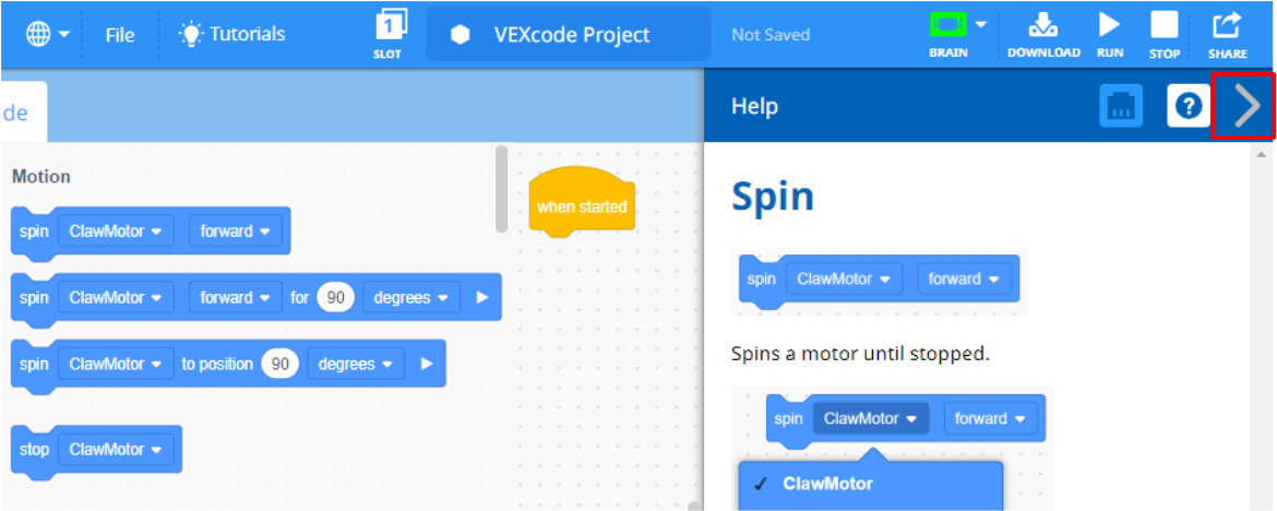 VEXcode IQ مع فتح قائمة "المساعدة" وإبراز سهم "إغلاق القائمة" في الزاوية اليمنى العليا.