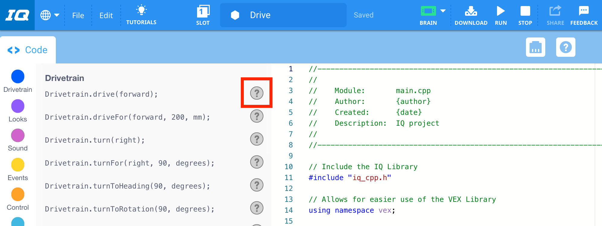Панель инструментов VEXcode IQ C++ с выделенным значком справки рядом с командой Drive.