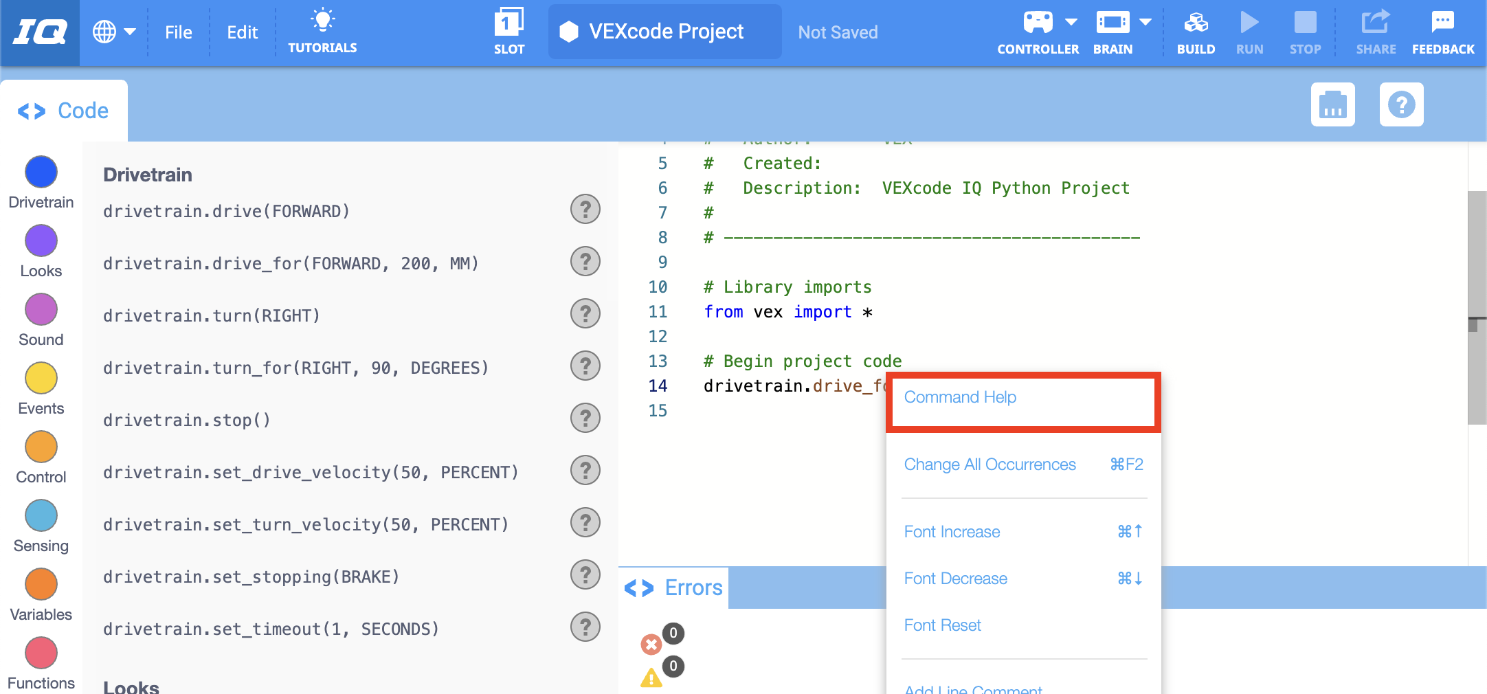 Se ha abierto el menú contextual del comando Python y se ha resaltado la opción Ayuda del comando. La Ayuda de comandos es la primera opción en el menú contextual.