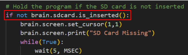 Screenshot of VEX IQ Brain screen displaying a message indicating that the SD card is not inserted, with a prompt to hold the program, illustrating a function in Python tutorials for VEX IQ robotics.
