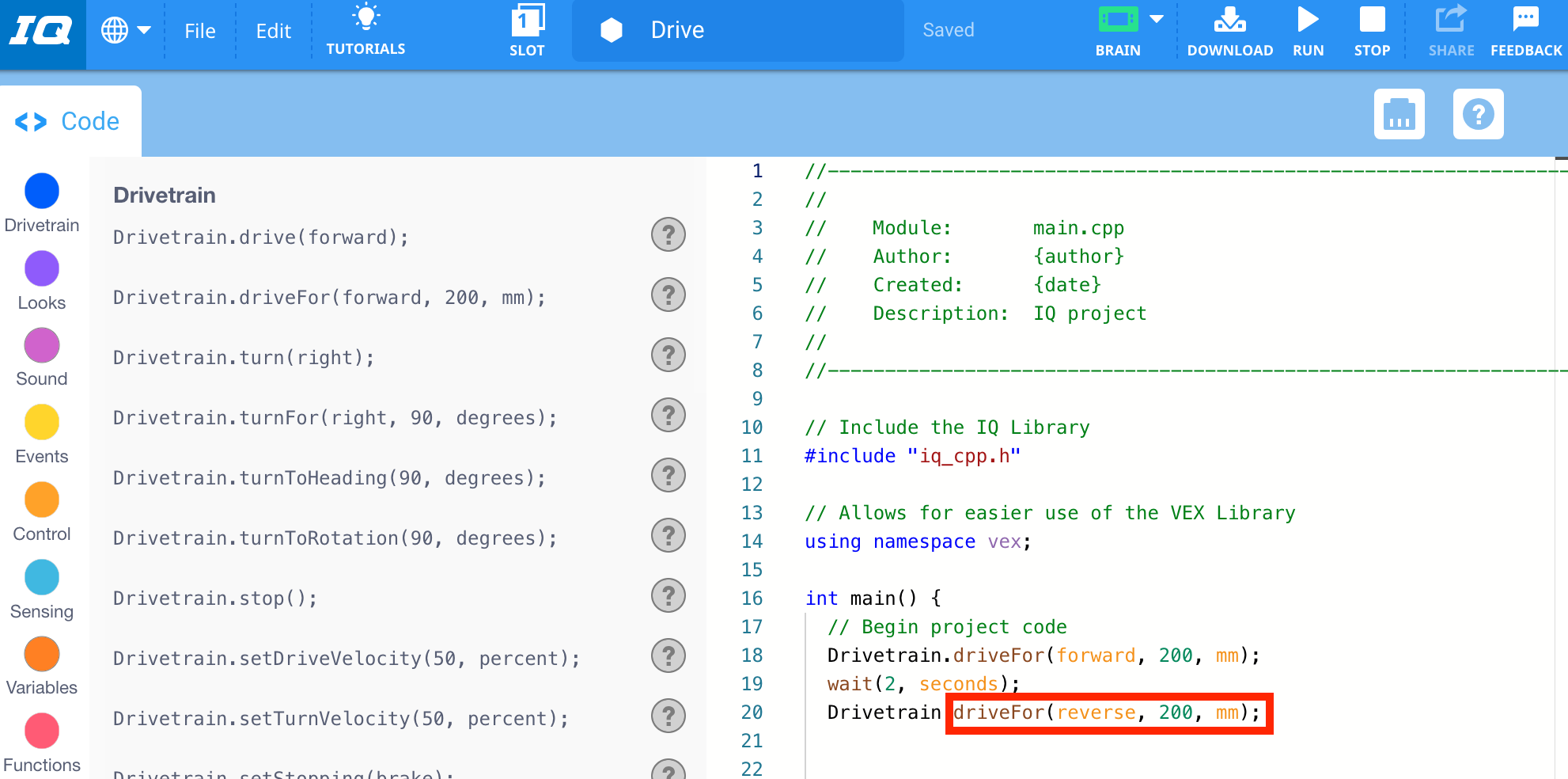 Il comando C++ nell'area di lavoro è evidenziato.