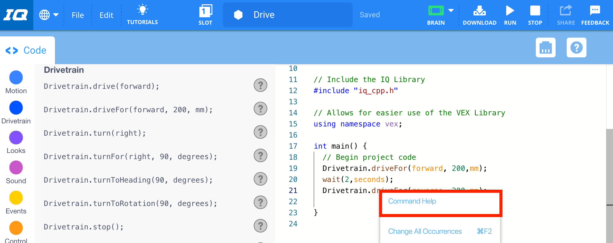È stato aperto il menu contestuale per il comando C++ e l'opzione Guida comandi è evidenziata. Aiuto comandi è la prima opzione nel menu contestuale.