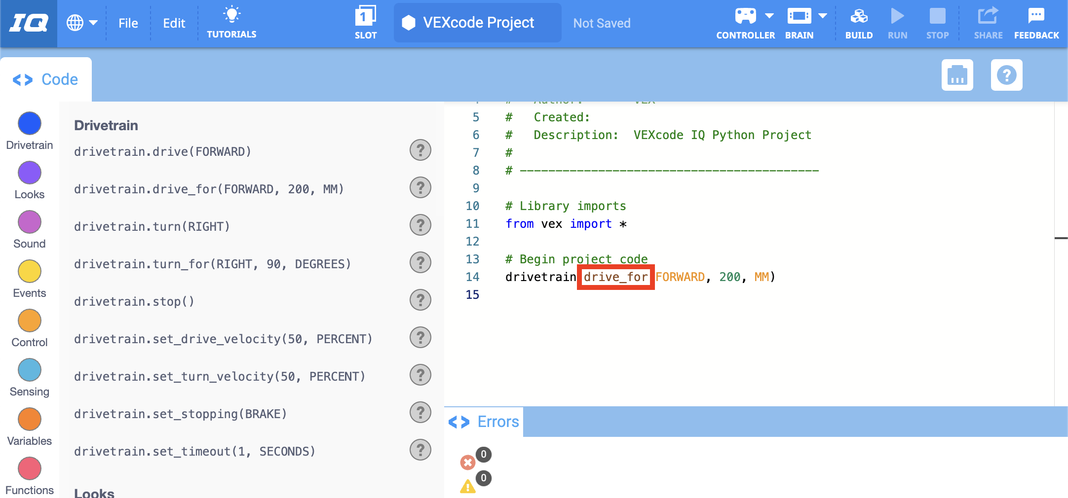 La commande Python dans l'espace de travail est mise en surbrillance.