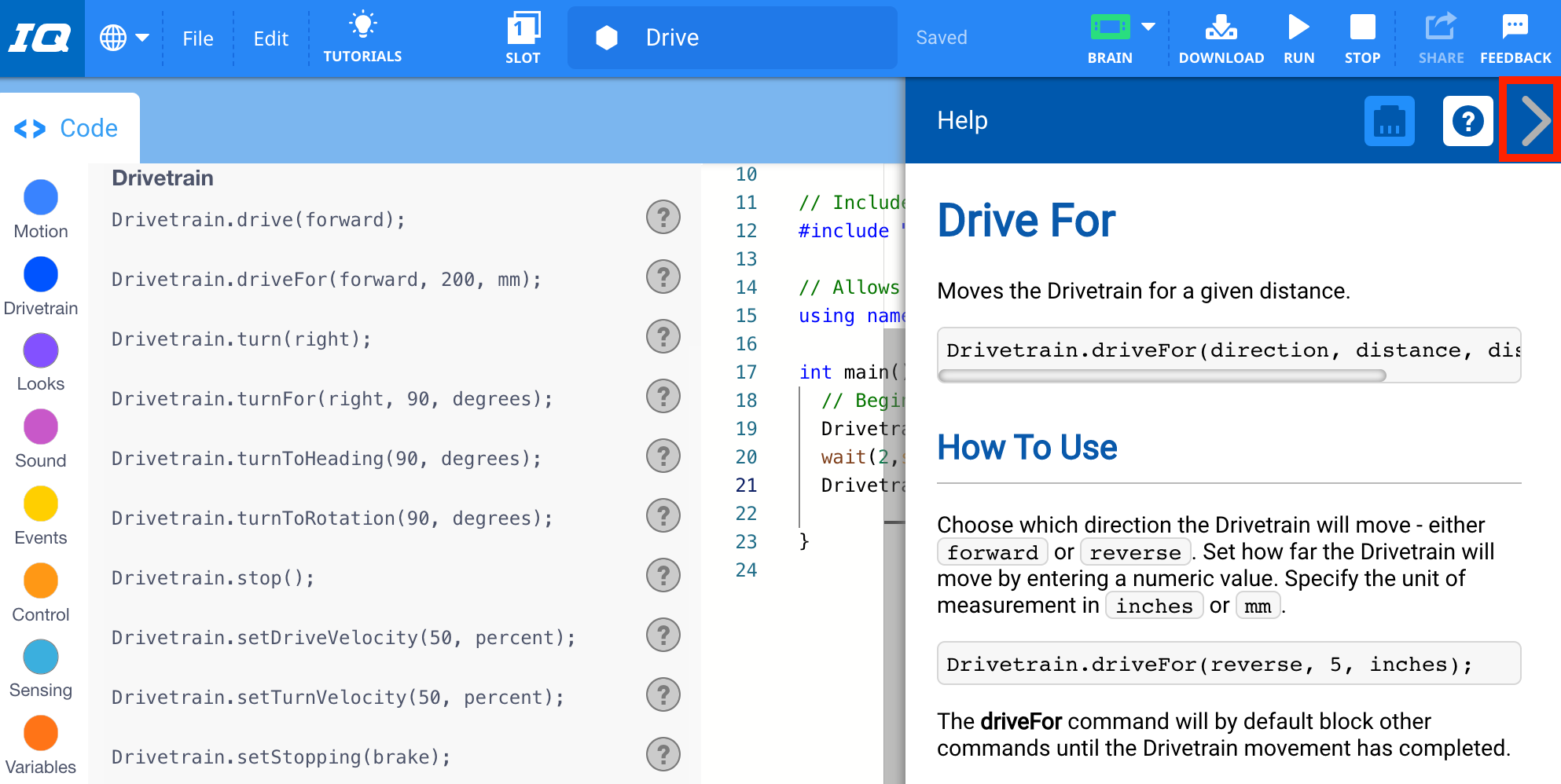 VEXcode IQ với menu Trợ giúp được mở và mũi tên Đóng menu ở góc trên bên phải được tô sáng.