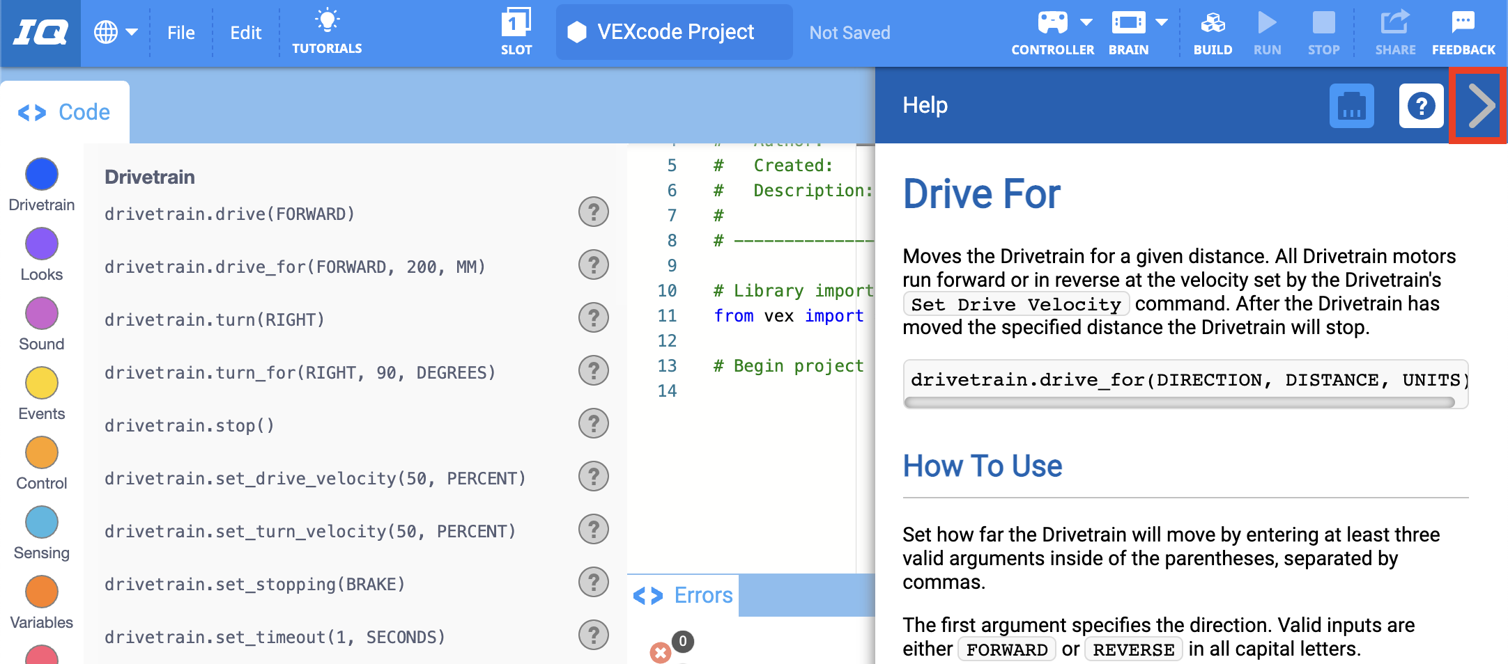 VEXcode IQ với menu Trợ giúp được mở và mũi tên Đóng menu ở góc trên bên phải được tô sáng.