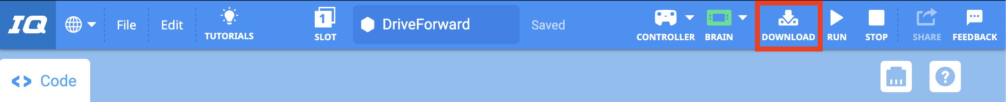 VEXcode IQ Toolbar mit hervorgehobenem Download-Symbol zwischen den Symbolen Brain und Run.