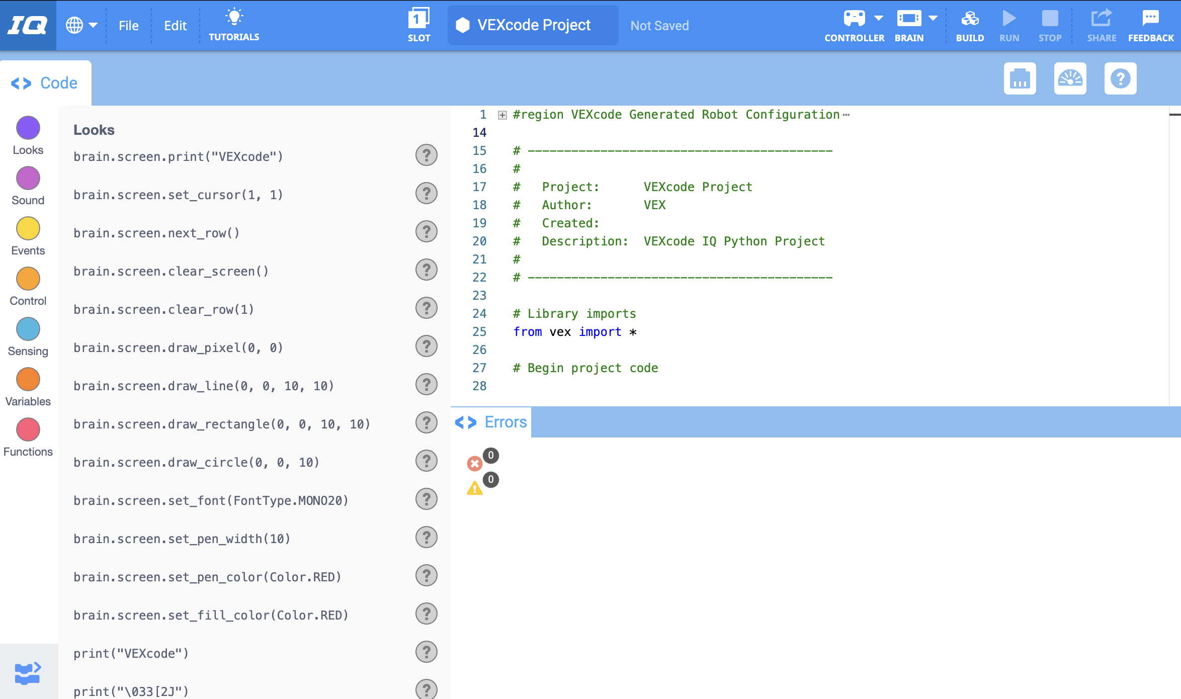 Proyek Python baru dibuka di VEXcode IQ.