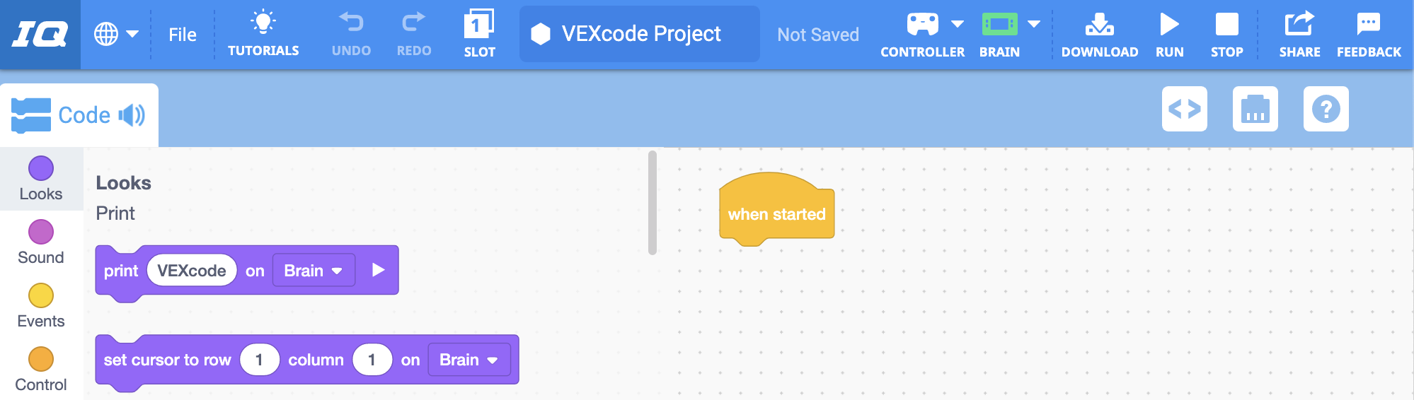 VEXcode IQ atvērts jauns Blocks projekts.