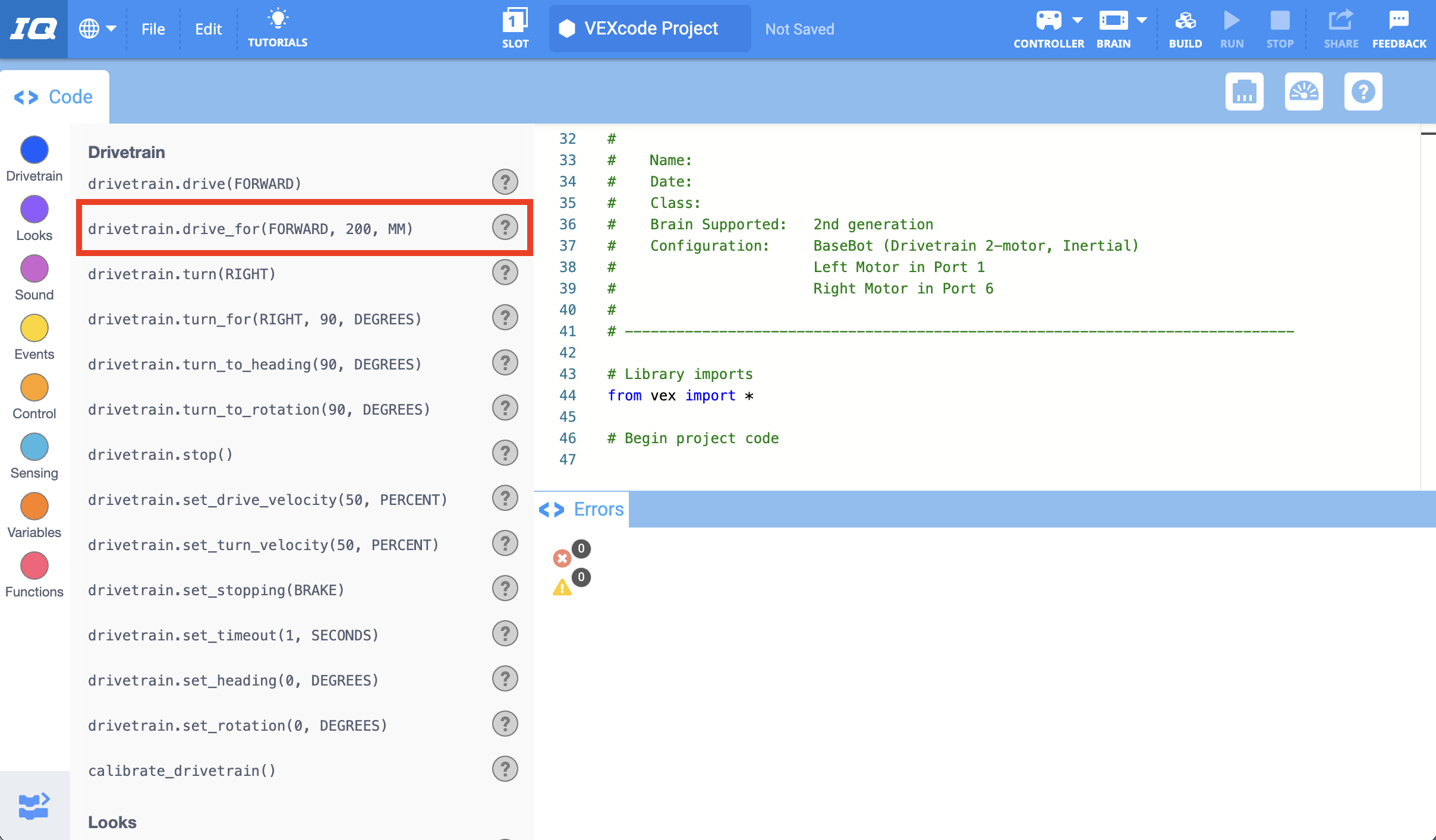 „VEXcode IQ“ su paryškinta komanda „Drive for“ „Python Toolbox“ programoje.