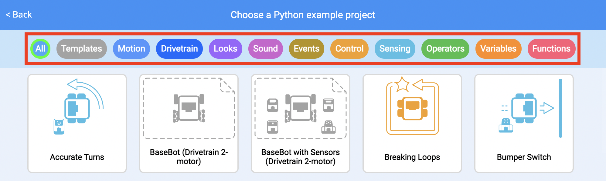 VEXcode Example Projects menü, a szűrősáv kiemelve. A szűrősáv számos kategóriába sorolja a példaprojekteket.