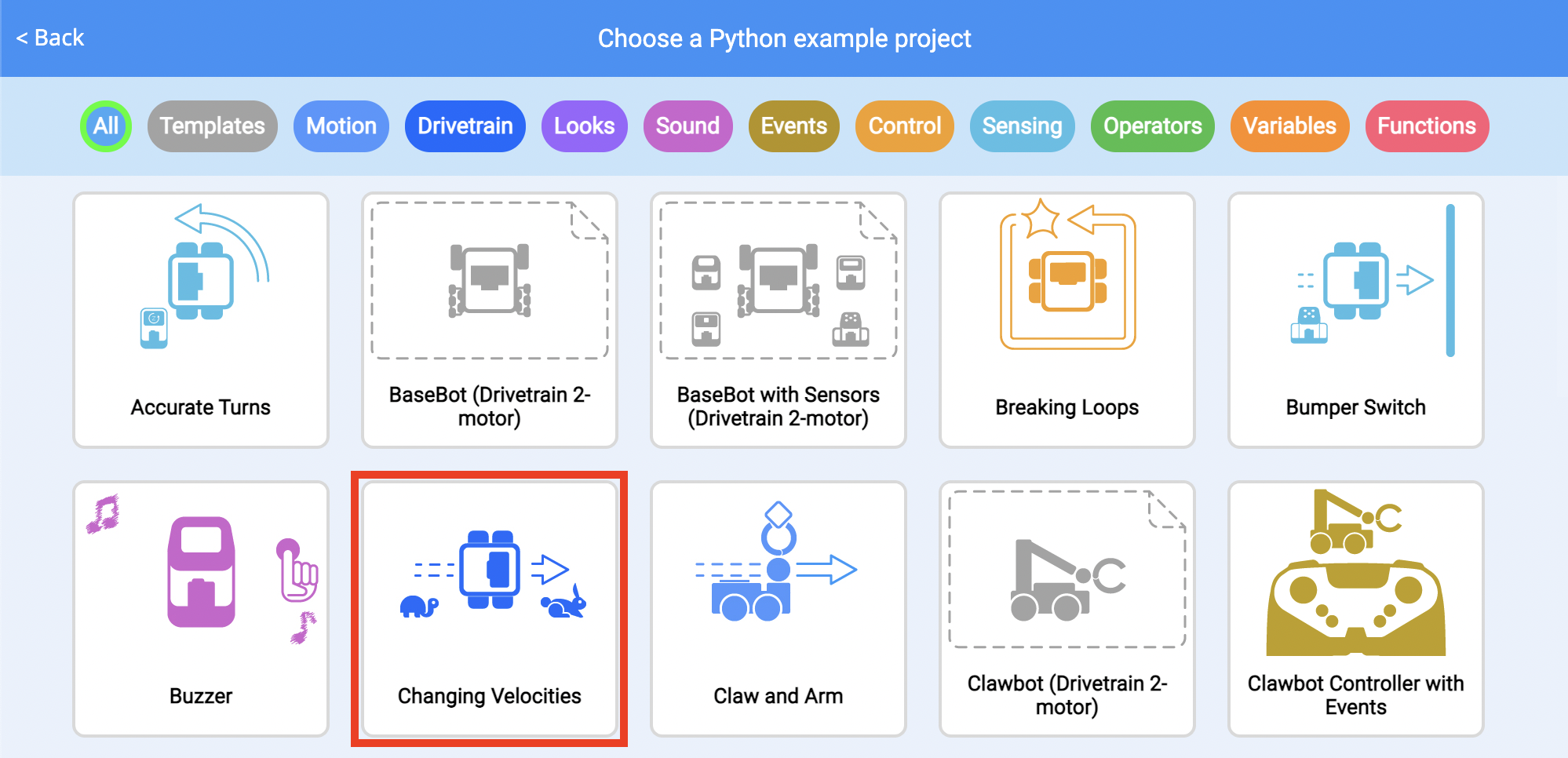 Menu Progetti di esempio VEXcode con evidenziato il progetto di esempio Changing Velocities.