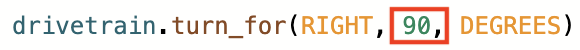 โค้ด Python บรรทัดหนึ่งอ่านว่า drivetrain.turn_for(RIGHT, 90, DEGREES) คำว่า 90 มีสีเขียวเข้มและเน้นด้วยกล่องสีแดง