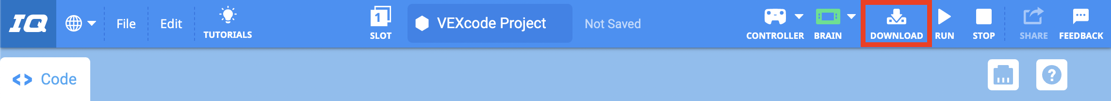 Barra de herramientas VEXcode IQ con el ícono de descarga resaltado entre los íconos Cerebro y Ejecutar.