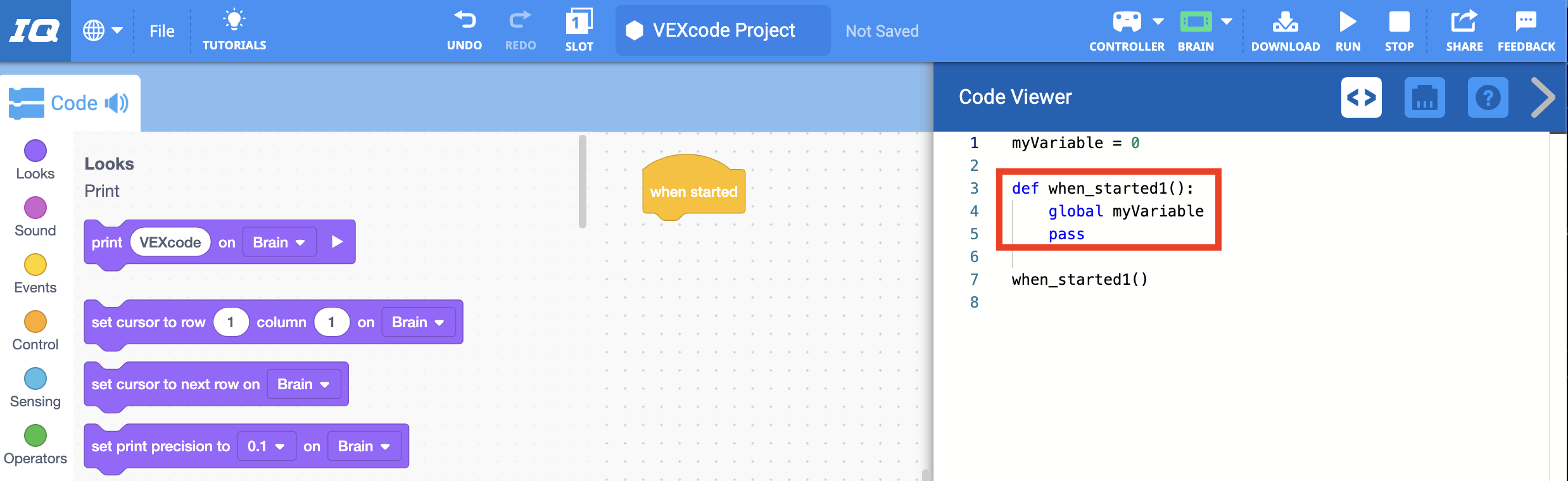 Menu Code Viewer đang mở và hiển thị phiên bản Python của dự án. Dòng mã tương ứng với khối In hiện đã biến mất và chỉ có mã cho khối Khi bắt đầu được tô sáng.