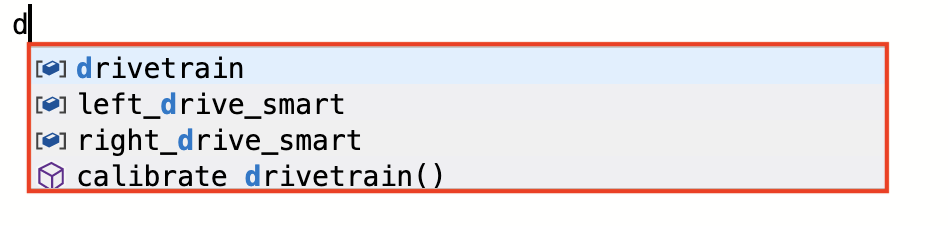 Рабочее пространство VEXcode IQ Python с раскрывающимся меню предлагаемых команд. Была нажата буква D, и клавиатура используется для пошагового просмотра доступных команд. Трансмиссия — это первое предложение, и оно выделено.