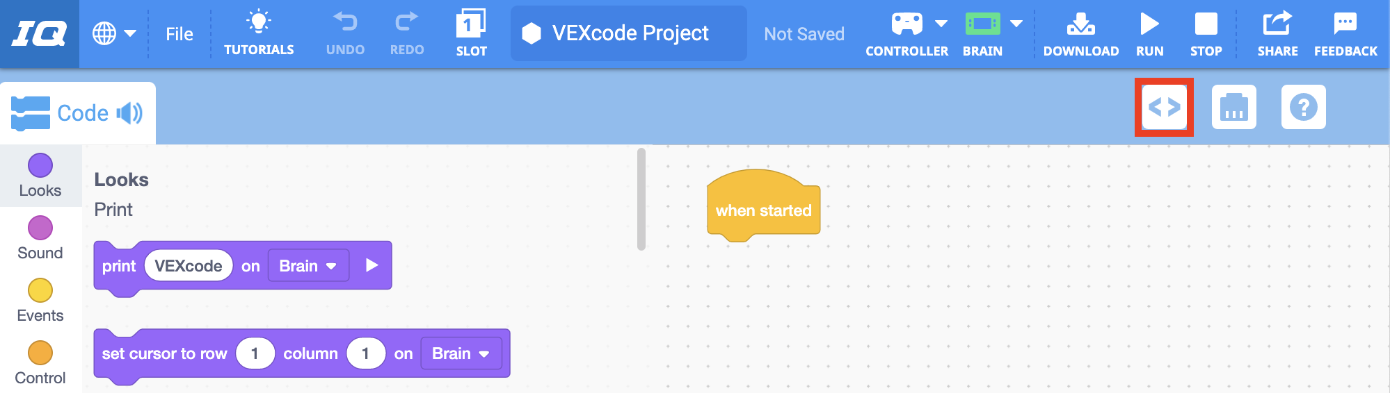 Barra de herramientas VEXcode IQ con el icono Visor de código resaltado a la izquierda del icono Dispositivos.