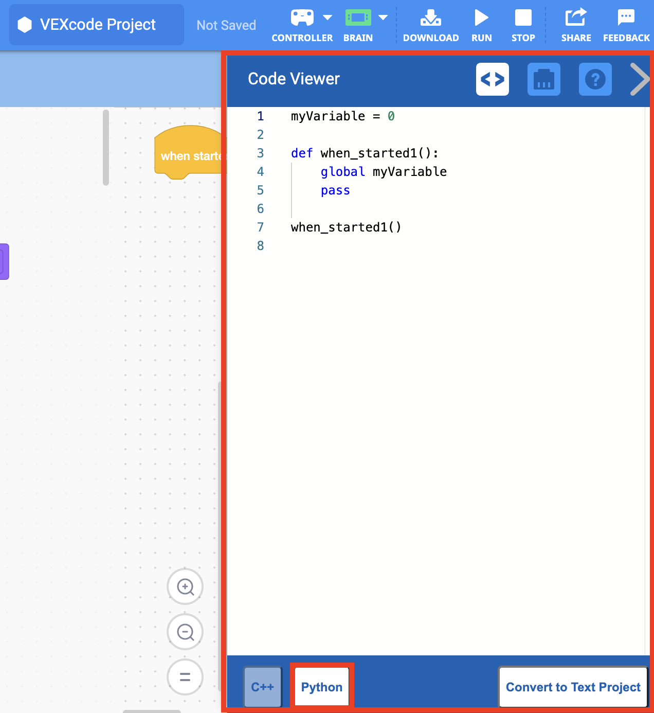 Il menu Code Viewer è aperto e mostra una versione Python del progetto Blocks. Il pulsante Python è evidenziato di seguito.