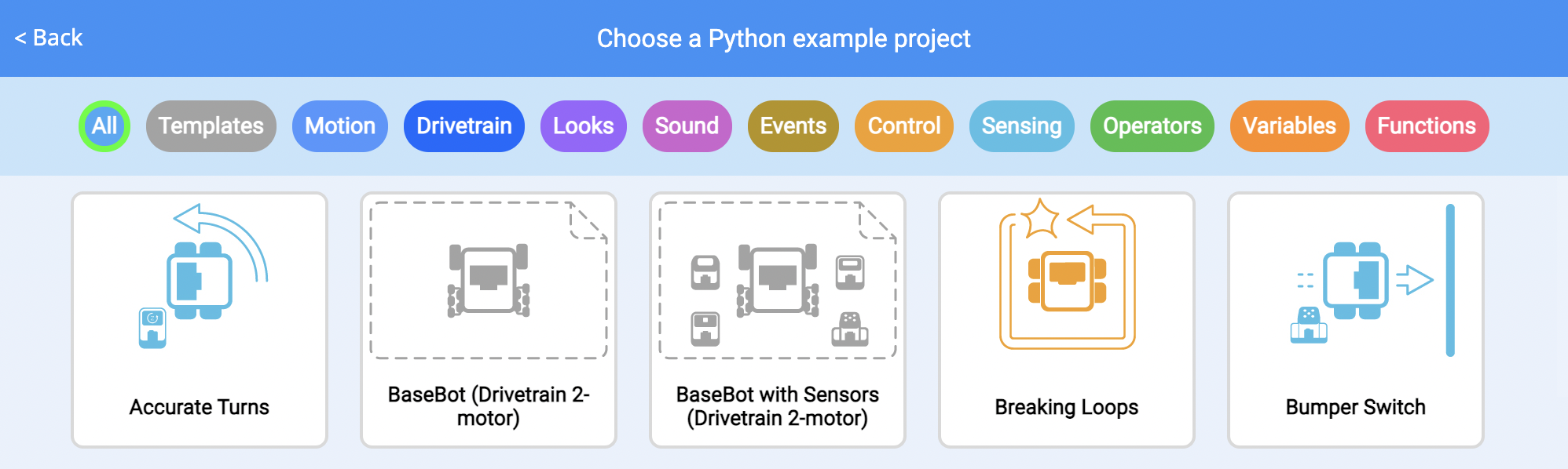 Menu de projetos de exemplo do VEXcode com uma variedade de projetos em diferentes categorias à sua escolha.