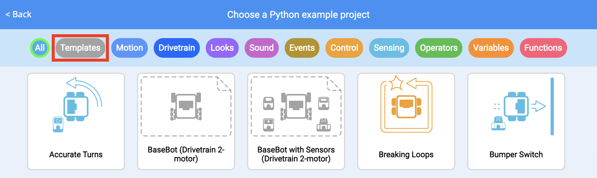 Menu de projetos de exemplo do VEXcode com a categoria Modelos selecionada na barra de filtros.