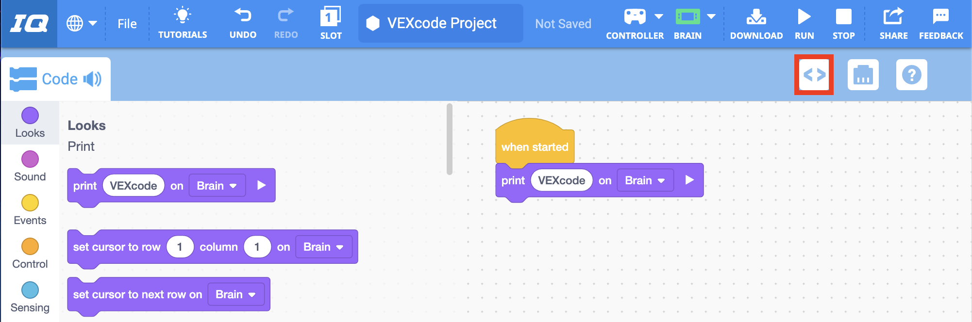 แถบเครื่องมือ VEXcode IQ พร้อมไอคอน Code Viewer ที่เน้นไว้ทางด้านซ้ายของไอคอนอุปกรณ์