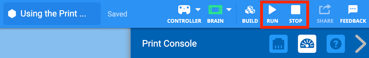 Barra degli strumenti VEXcode IQ con le icone Esegui e Interrompi evidenziate insieme.