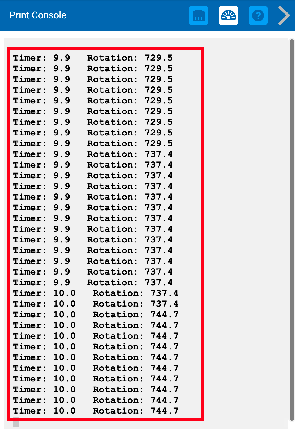 Viene mostrata la console di stampa con i messaggi di output del precedente progetto Python. I messaggi mostrano i valori del timer e della rotazione che aumentano nel tempo finché il timer non raggiunge 10 secondi.