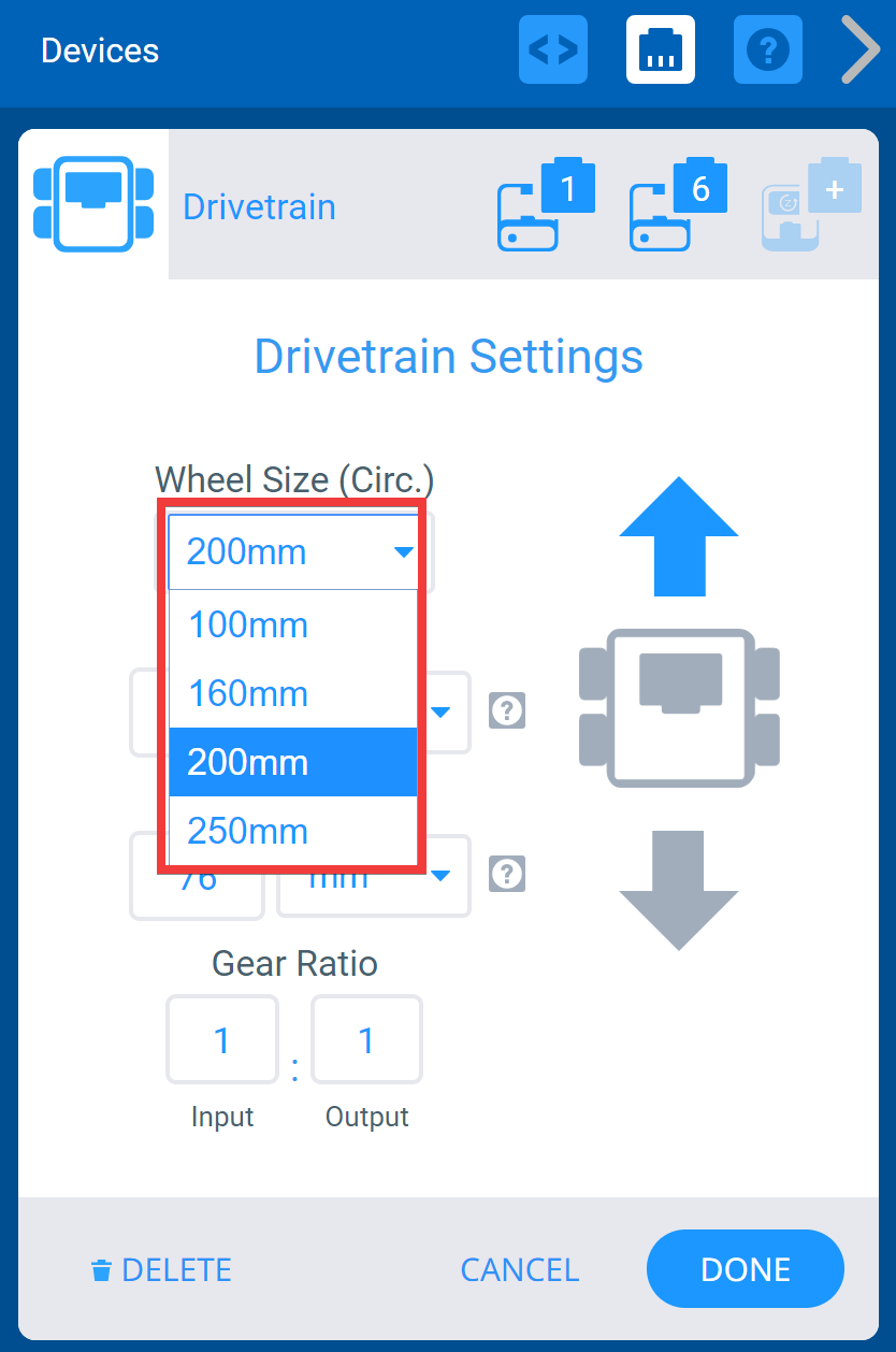 Drivetrain Settings мәзірі көрсетілген VEXcode IQ Devices терезесі. Дөңгелек өлшемі ашылмалы мәзірі бөлектеледі.