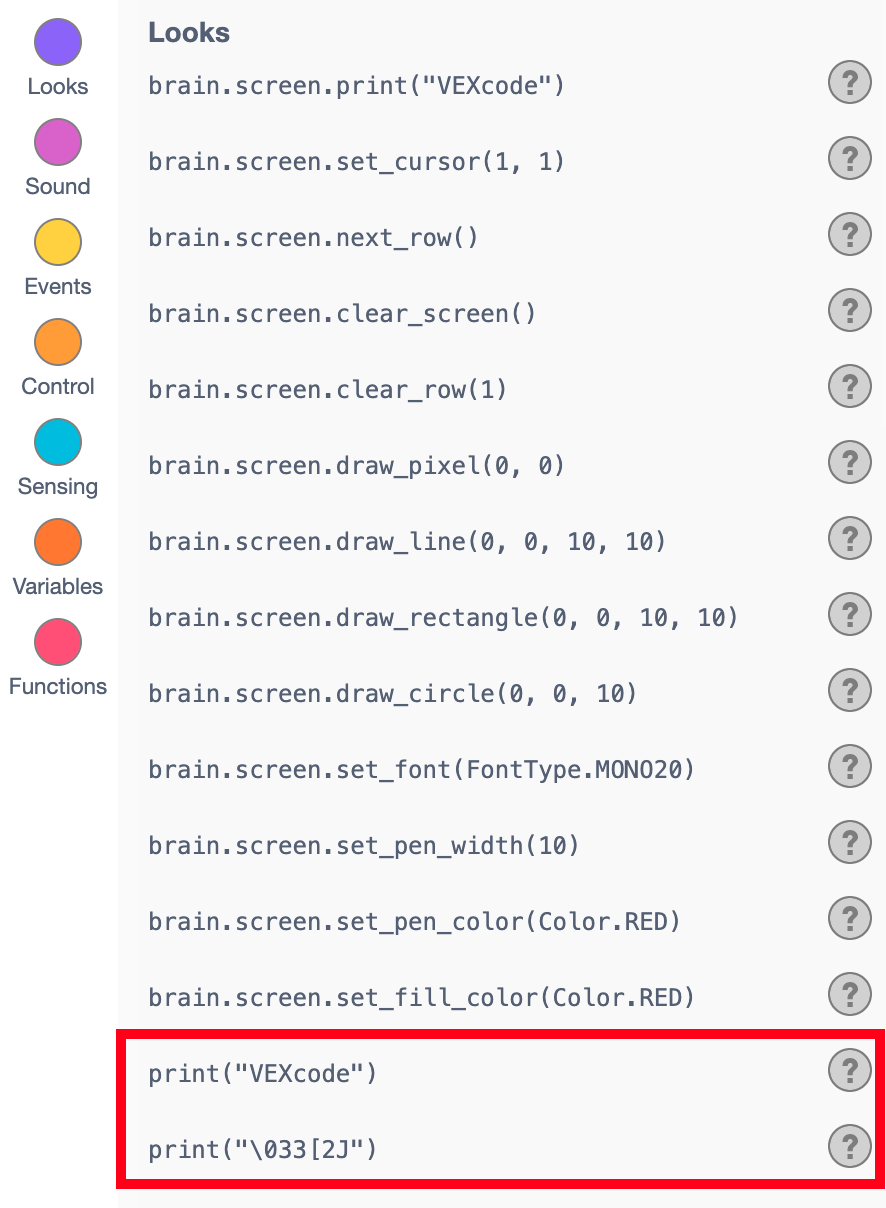 VEXcode IQ Python -työkalupakki, jossa tulostuskomennot on korostettu Ulkoasut-kategoriassa.